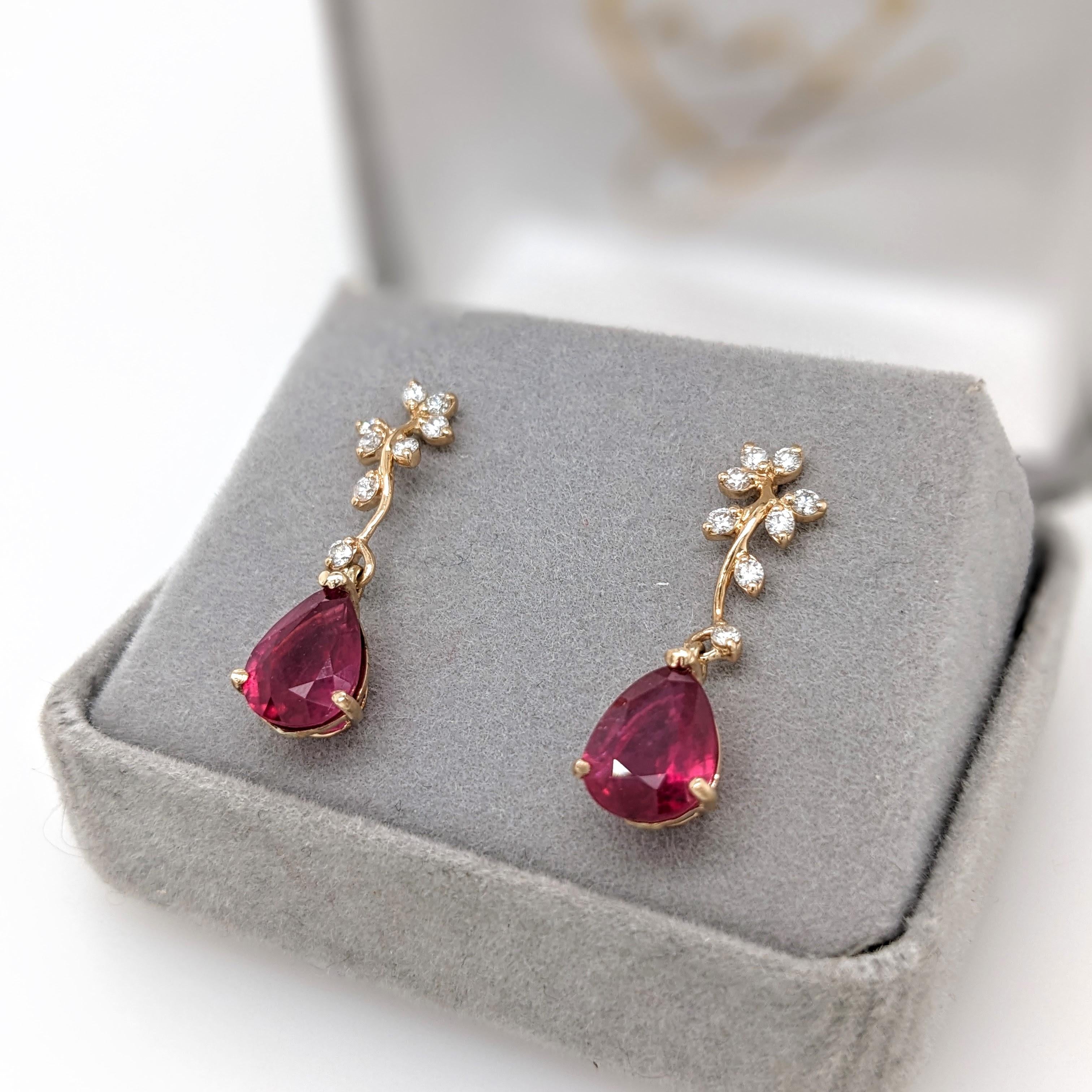 Red Ruby Vine Earrings w Earth Mined Diamonds in Solid 14K Gold | Pear 9x7mm