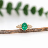 1.5ct Emerald Ring w Earth Mined Diamonds in Solid 14K Gold | Oval 9x7mm