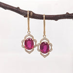 Ruby Dangle Earrings w Earth Mined Diamonds in Solid 14K Yellow Gold | Oval 10x8