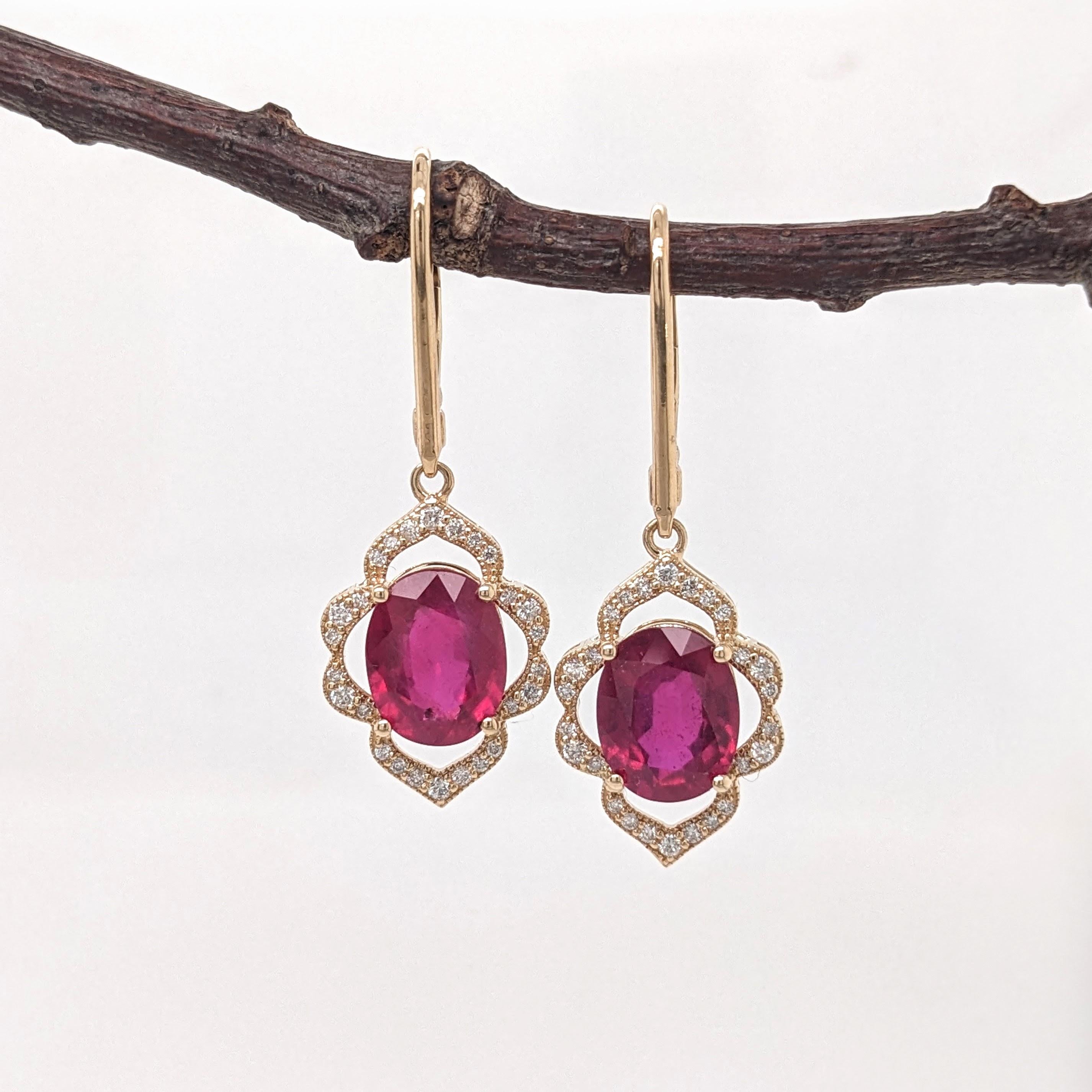 Ruby Dangle Earrings w Earth Mined Diamonds in Solid 14K Yellow Gold | Oval 10x8