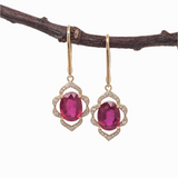 Ruby Dangle Earrings w Earth Mined Diamonds in Solid 14K Yellow Gold | Oval 10x8mm