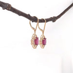 Ruby Dangle Earrings w Earth Mined Diamonds in Solid 14K Yellow Gold | Oval 10x8