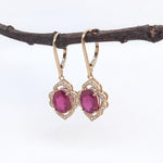 Ruby Dangle Earrings w Earth Mined Diamonds in Solid 14K Yellow Gold | Oval 10x8