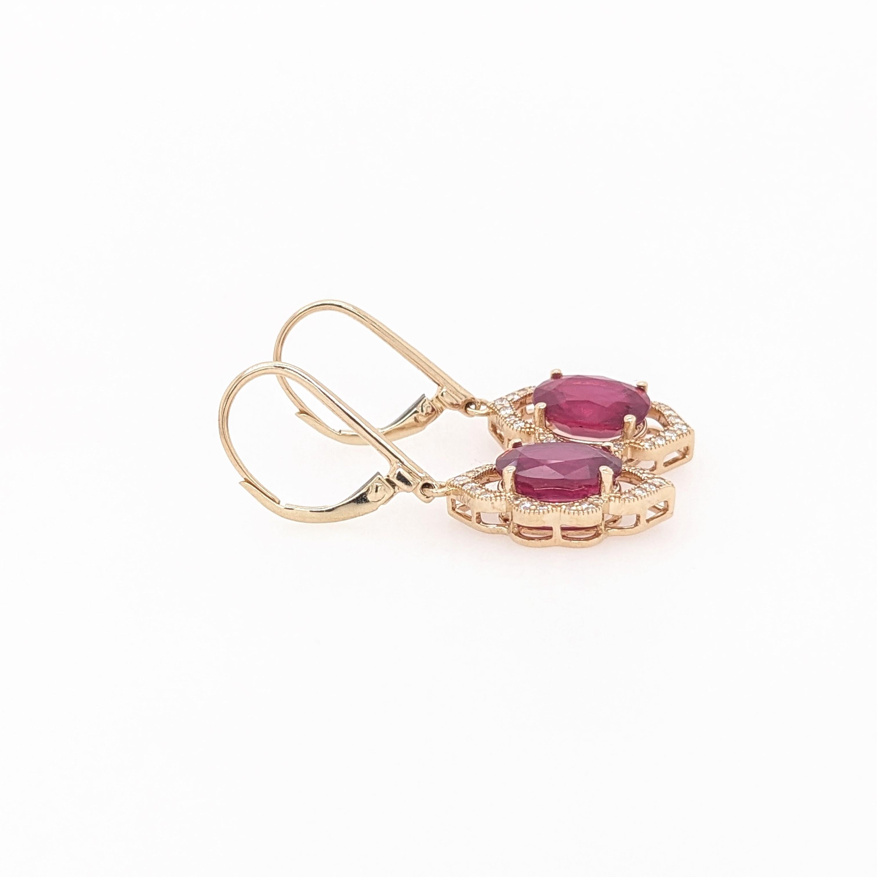 Ruby Dangle Earrings w Earth Mined Diamonds in Solid 14K Yellow Gold | Oval 10x8