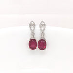Ruby Dangle Earrings w Earth Mined Diamonds in Solid 14K White Gold | Oval 10x8