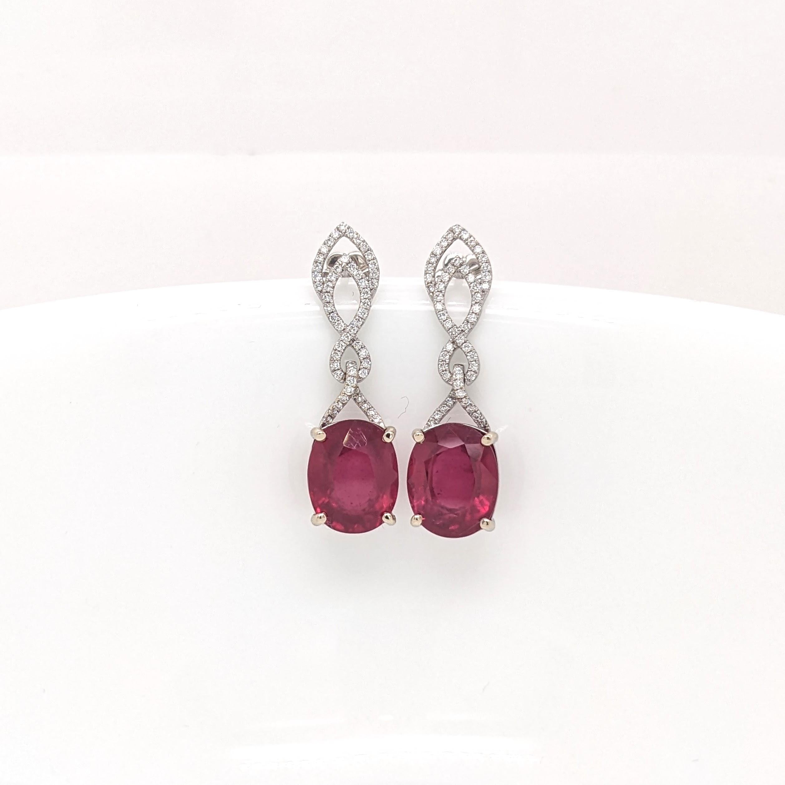 Ruby Dangle Earrings w Earth Mined Diamonds in Solid 14K White Gold | Oval 10x8