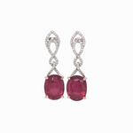 Ruby Dangle Earrings w Earth Mined Diamonds in Solid 14K White Gold | Oval 10x8mm