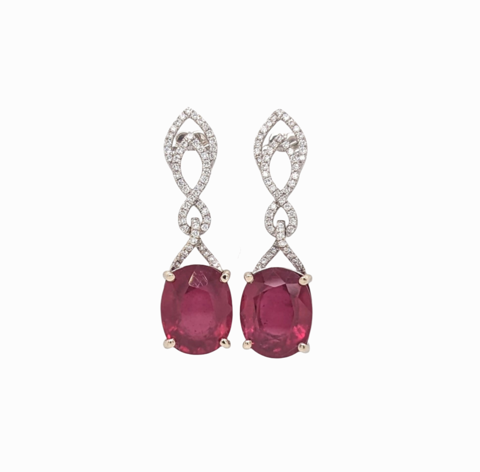 Ruby Dangle Earrings w Earth Mined Diamonds in Solid 14K White Gold | Oval 10x8mm