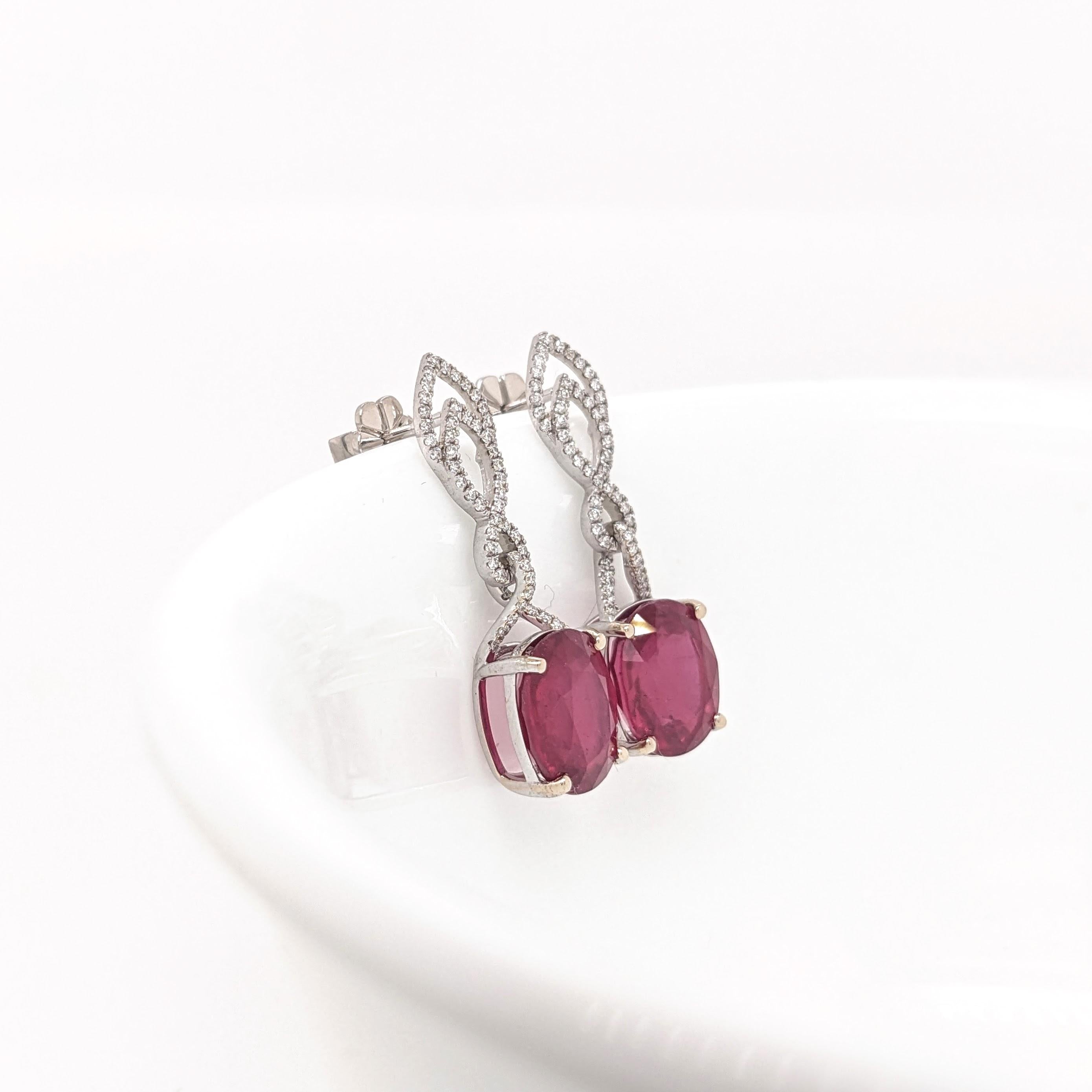 Ruby Dangle Earrings w Earth Mined Diamonds in Solid 14K White Gold | Oval 10x8