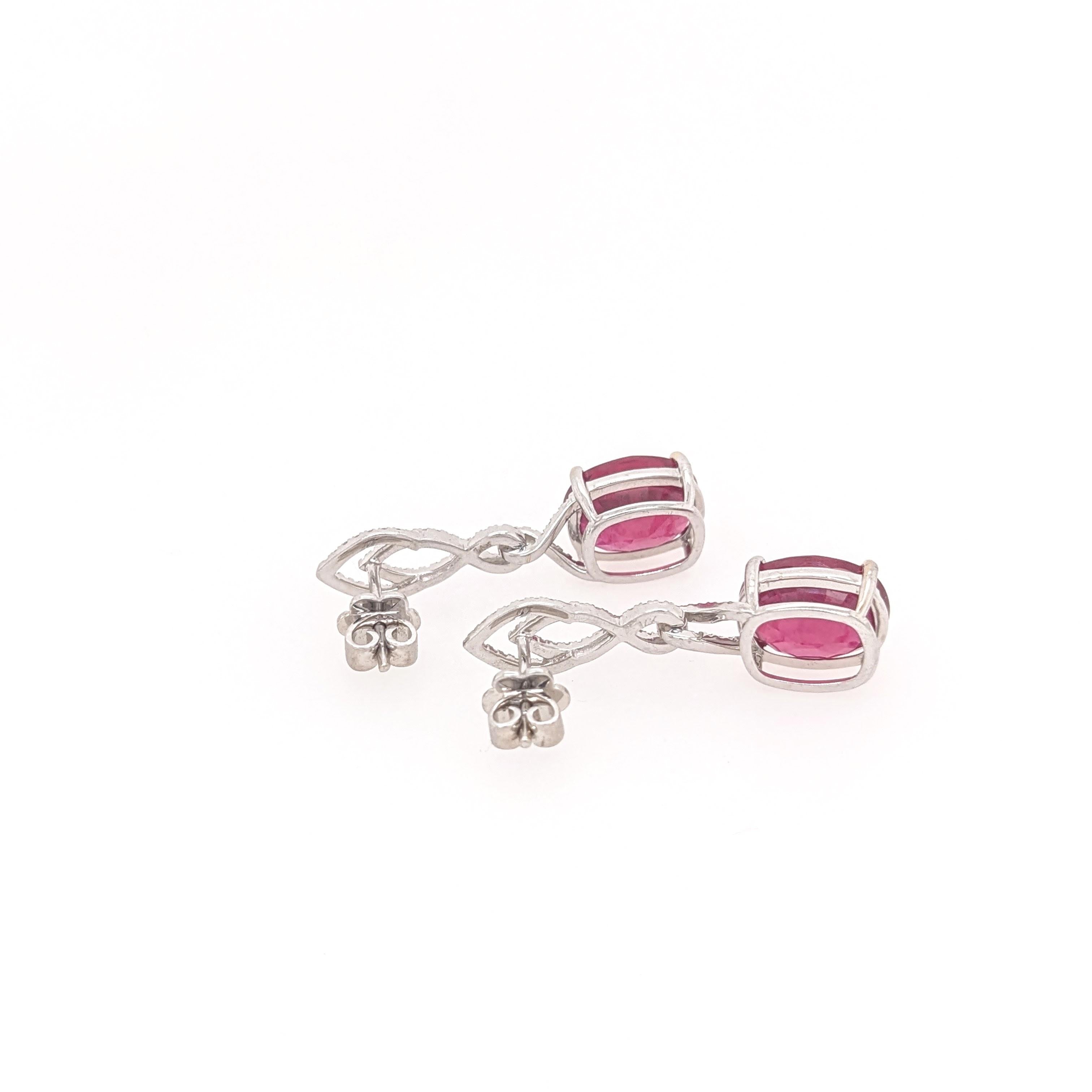 Ruby Dangle Earrings w Earth Mined Diamonds in Solid 14K White Gold | Oval 10x8