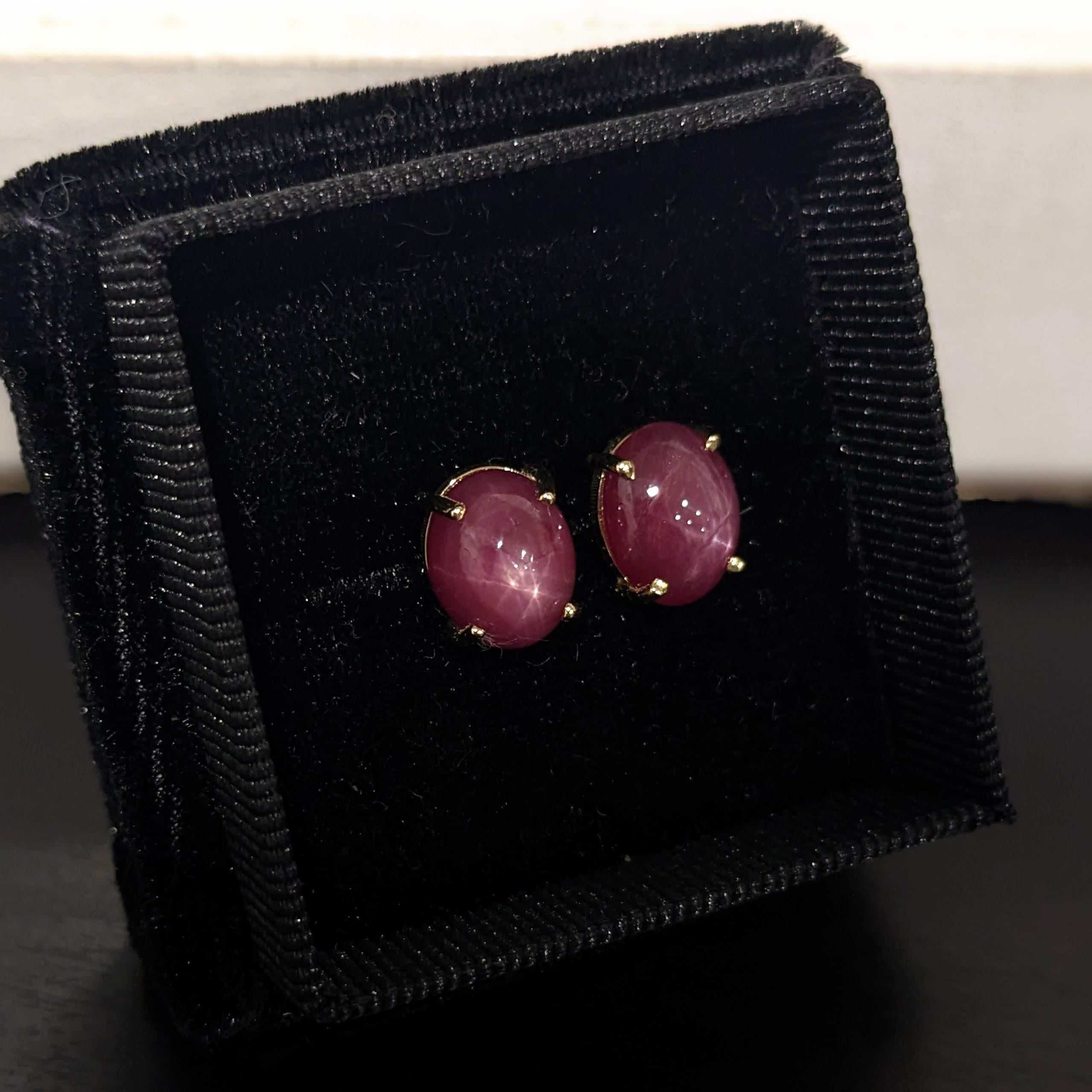 Star Ruby Stud Earrings in Solid 14K Yellow Gold | Oval 10x8mm | Solitaire Studs