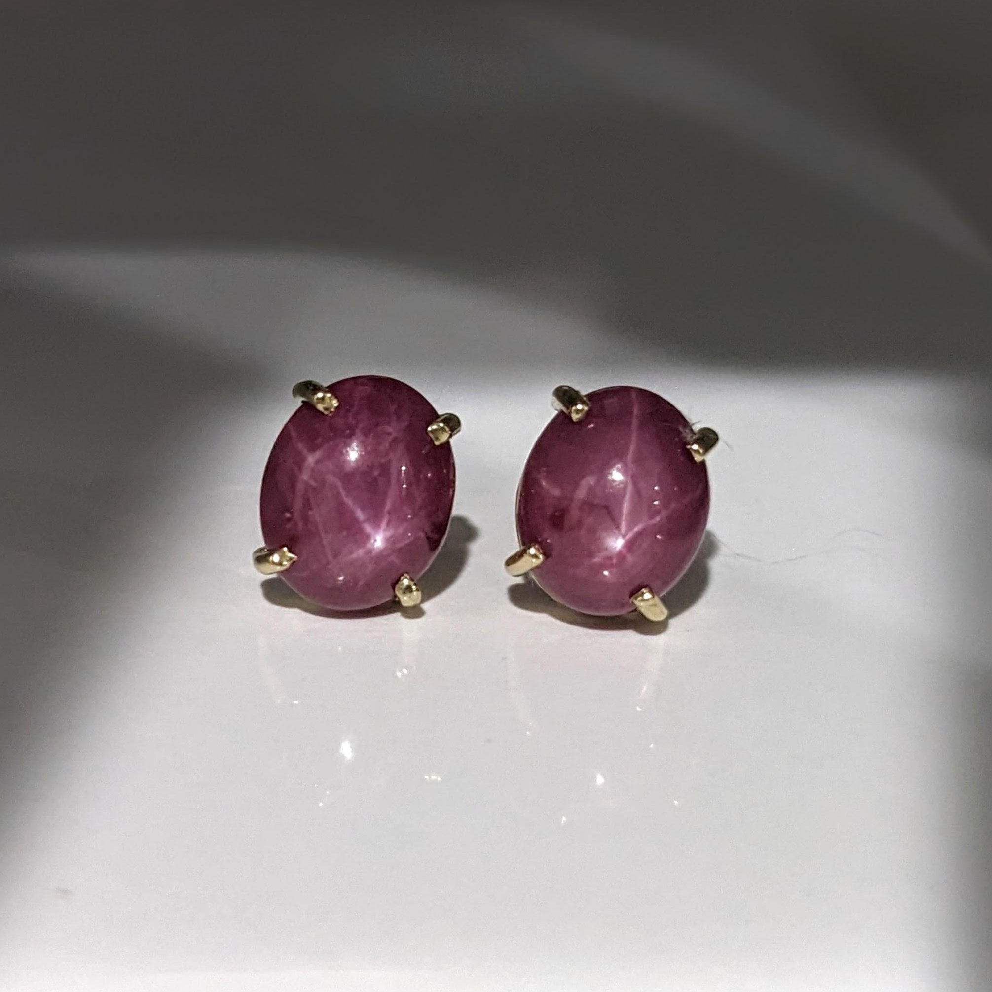 Star Ruby Stud Earrings in Solid 14K Yellow Gold | Oval 10x8mm | Solitaire Studs