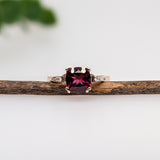 1.8ct Rhodolite Garnet Ring w Earth Mined Diamonds in Solid 14K Rose Gold | Cushion 7x6mm