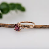 1.8ct Rhodolite Garnet Ring w Earth Mined Diamonds in Solid 14K Rose Gold | Cushion 7x6mm