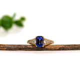 1.1ct Tanzanite Ring w Earth Mined Diamonds in Solid 14K Yellow Gold | Emerald Cut 7x5mm