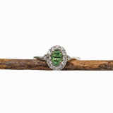 Demantoid Ring w Earth Mined Diamonds in Solid 14K White Gold | Oval 6x4mm