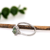 Demantoid Ring w Earth Mined Diamonds in Solid 14K White Gold | Oval 6x4mm