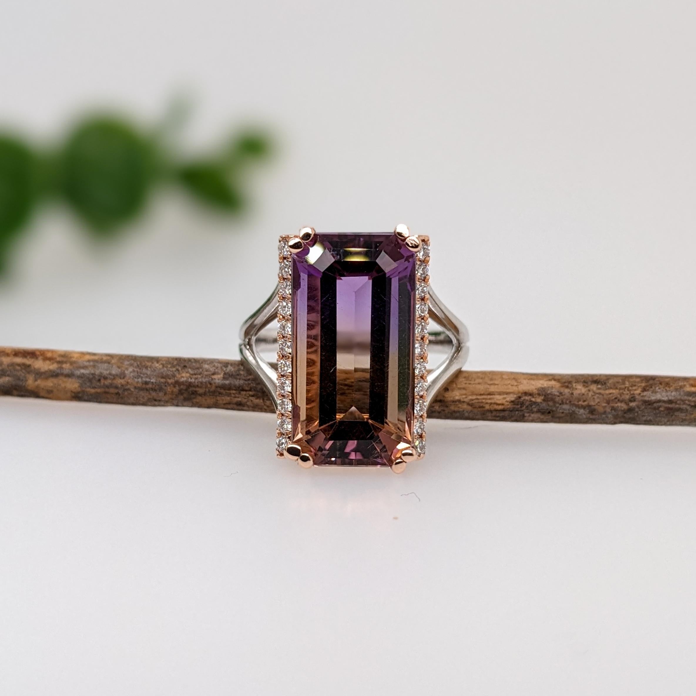 9ct Ametrine Ring w Earth Mined Diamonds in Solid 14K Dual Tone Gold | EM 17x8mm