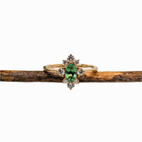 Demantoid Ring w Earth Mined Diamonds in Solid 14K Yellow Gold | Oval 6x4mm