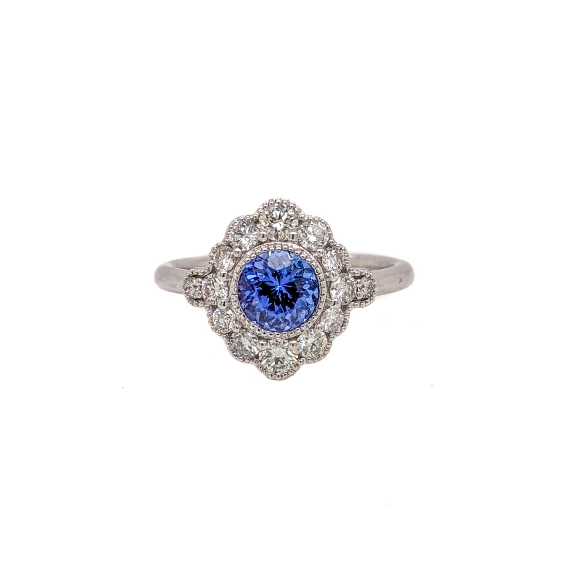 1ct Tanzanite Ring w Earth Mined Diamonds in Solid 14K White Gold | Round 6mm