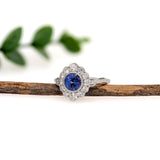1ct Tanzanite Ring w Earth Mined Diamonds in Solid 14K White Gold | Round 6mm