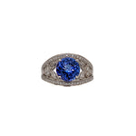 Intricate Design Tanzanite Ring w Diamond Accents in 14K White Gold | Round 9mm