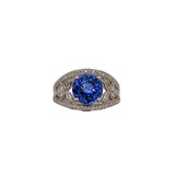 Intricate Design Tanzanite Ring w Diamond Accents in 14K White Gold | Round 9mm