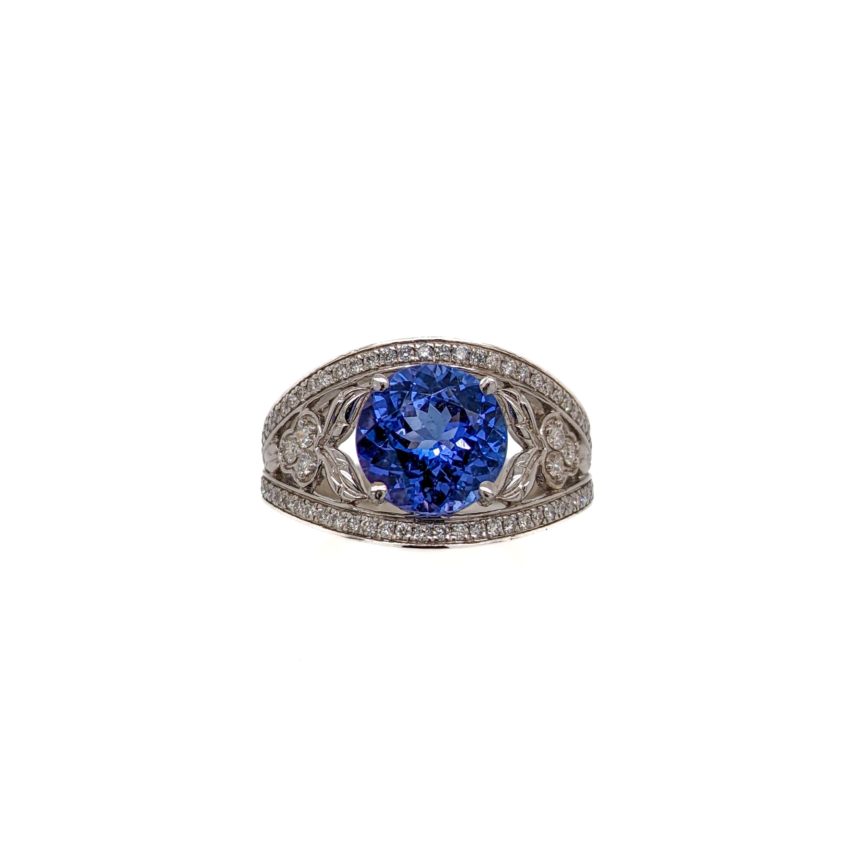 Intricate Design Tanzanite Ring w Diamond Accents in 14K White Gold | Round 9mm