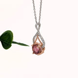 Pink Tourmaline Pendant w Natural Diamonds in Solid 14k Dual Tone Gold Round 5mm