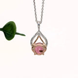 Pink Tourmaline Pendant w Natural Diamonds in Solid 14k Dual Tone Gold Round 5mm