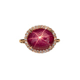 5ct Star Ruby Ring w Natural Diamond Halo in Solid 14K Yellow Gold | OV 12x9mm