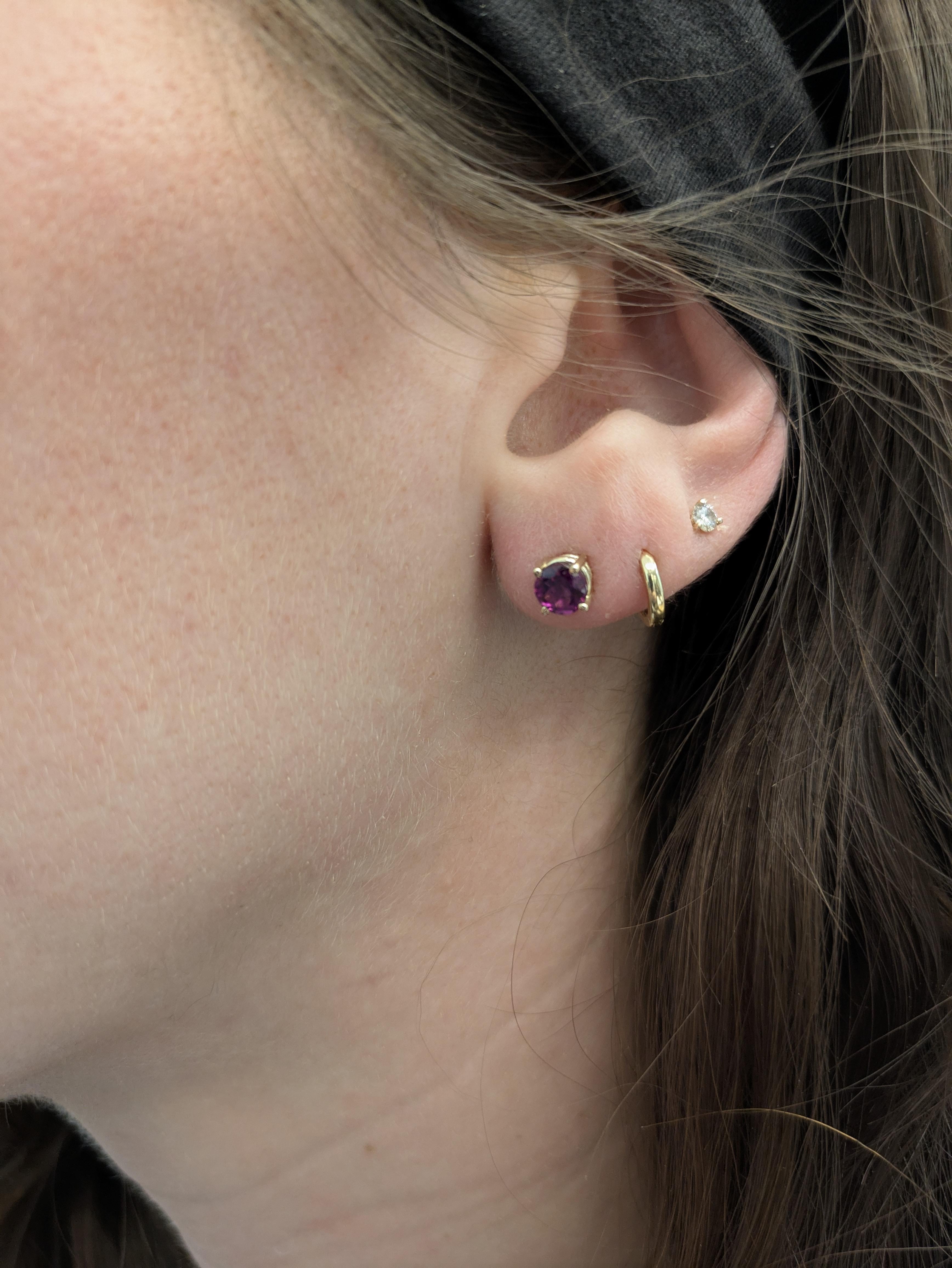 4mm Round Madagascar Rhodolite Garnet Solitaire Stud Earrings in 14K Yellow Gold