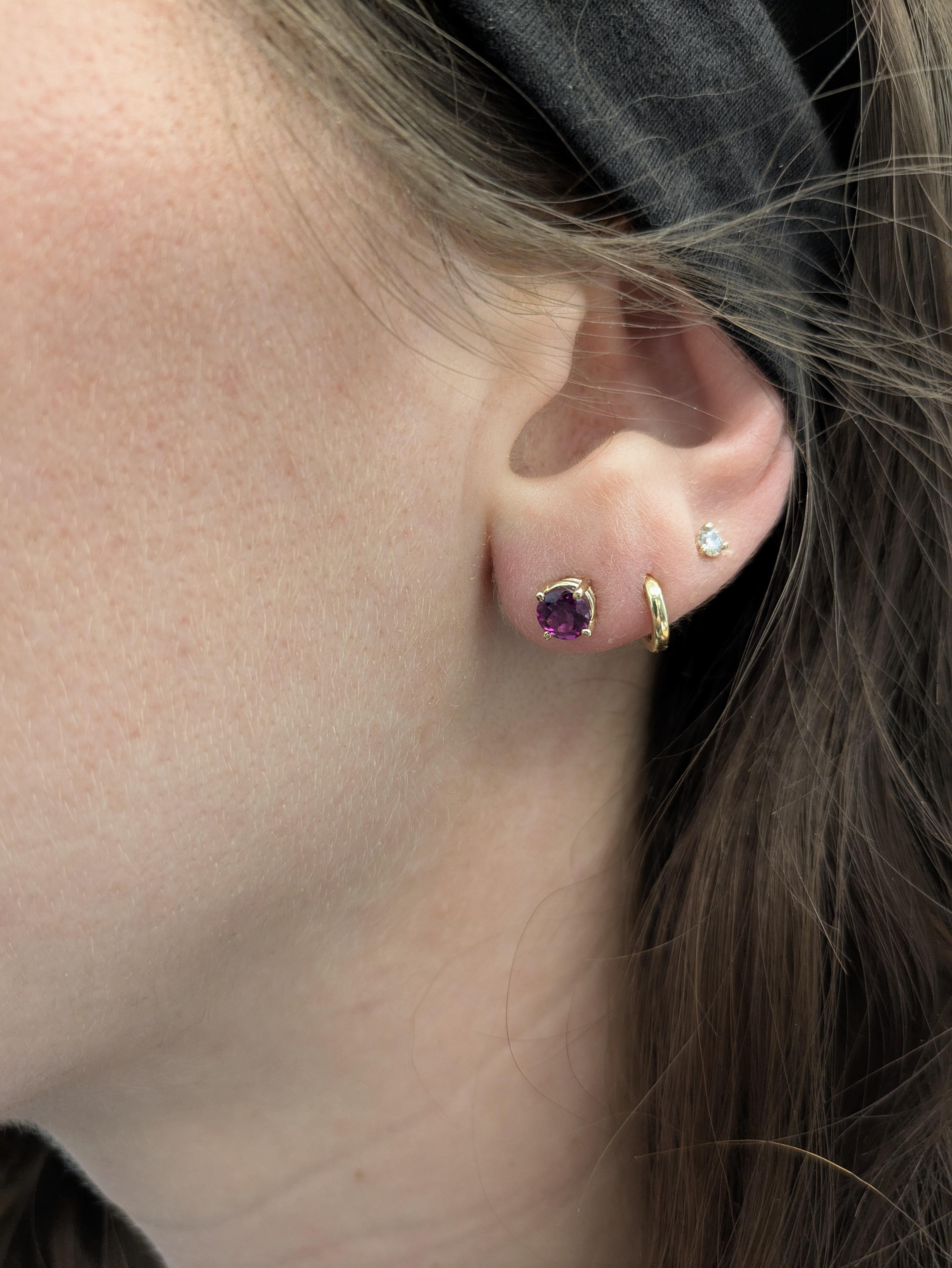 4mm Round Madagascar Rhodolite Garnet Solitaire Stud Earrings in 14K Yellow Gold