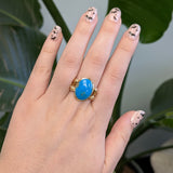 5.3ct Turquoise Ring w Earth Mined Diamonds in Solid 14K Yellow Gold | Oval 16x12mm