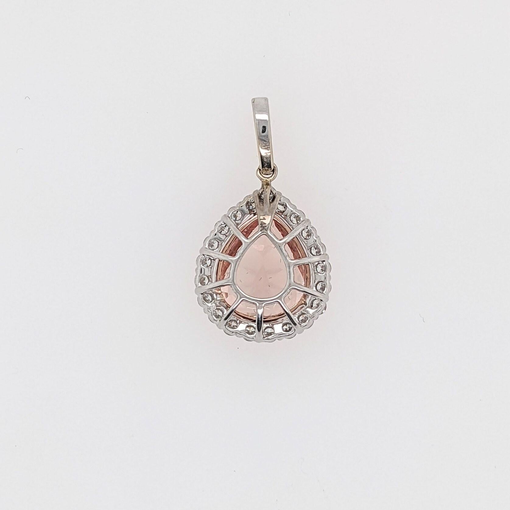 3.6ct AAA Morganite Pendant w Earth Mined Diamonds in Solid 14K Gold Pear 12x10