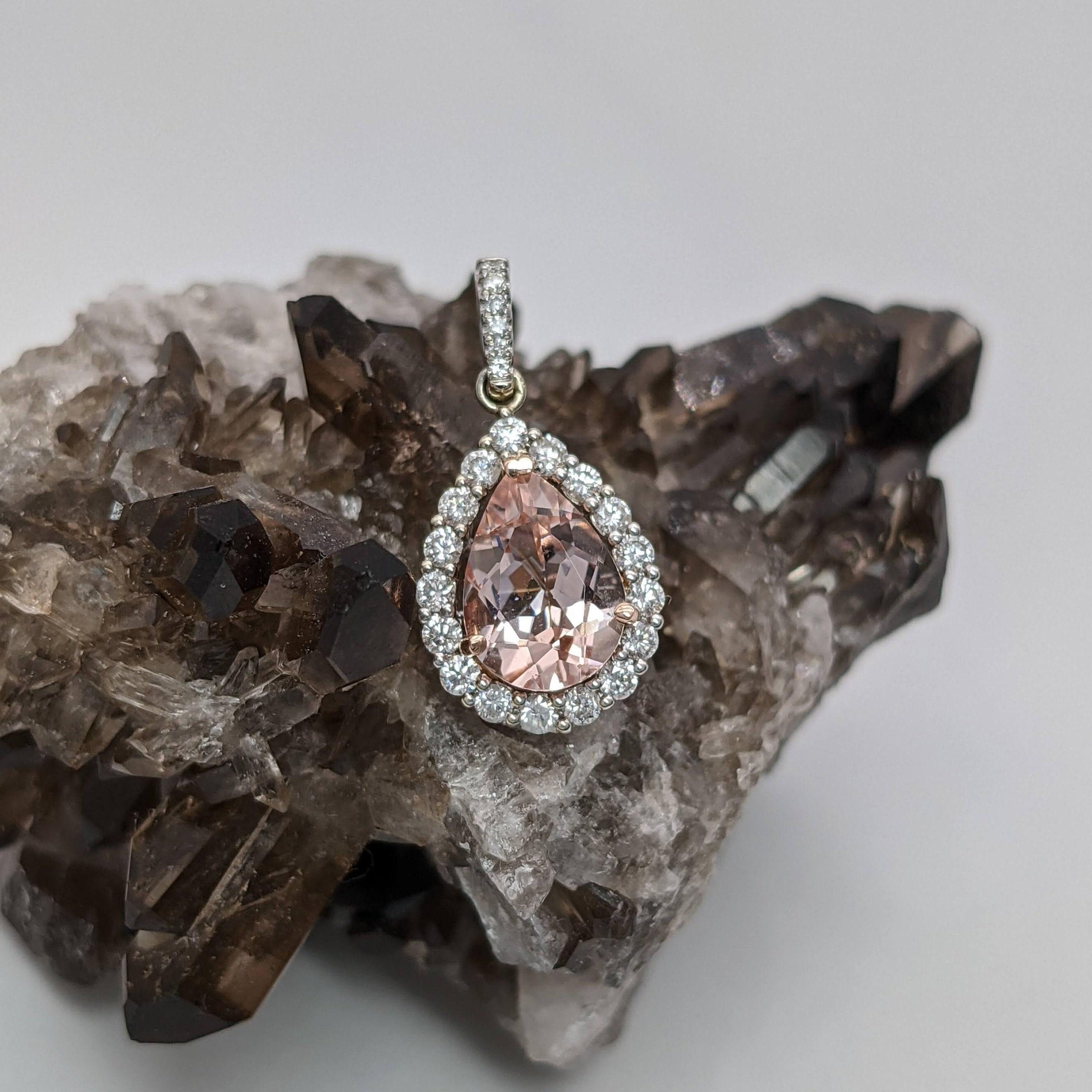 AAA Morganite Pendant w Earth Mined Diamondin Solid 14K Dual Gold Pear 10x7mm