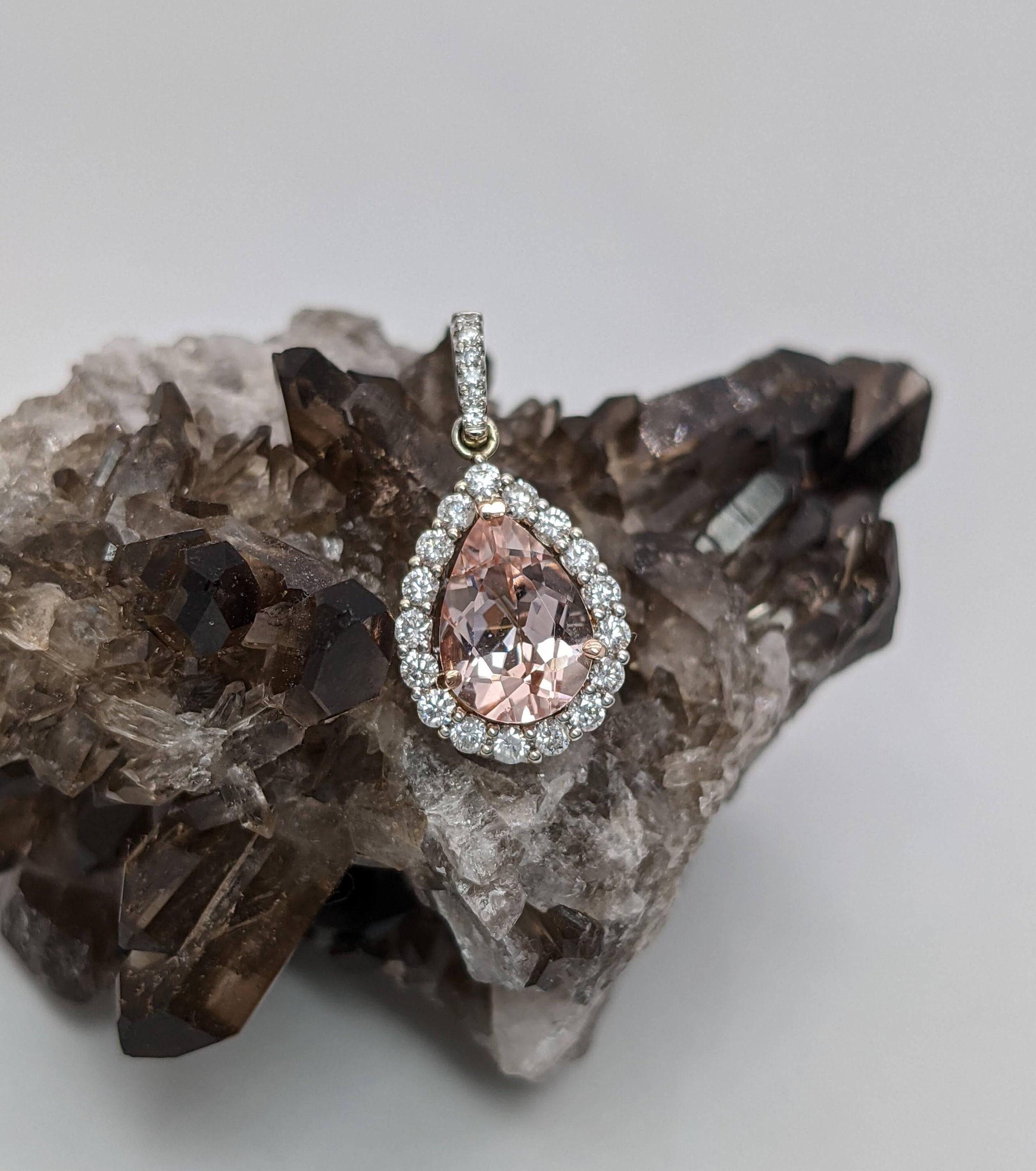 AAA Morganite Pendant w Earth Mined Diamondin Solid 14K Dual Gold Pear 10x7mm
