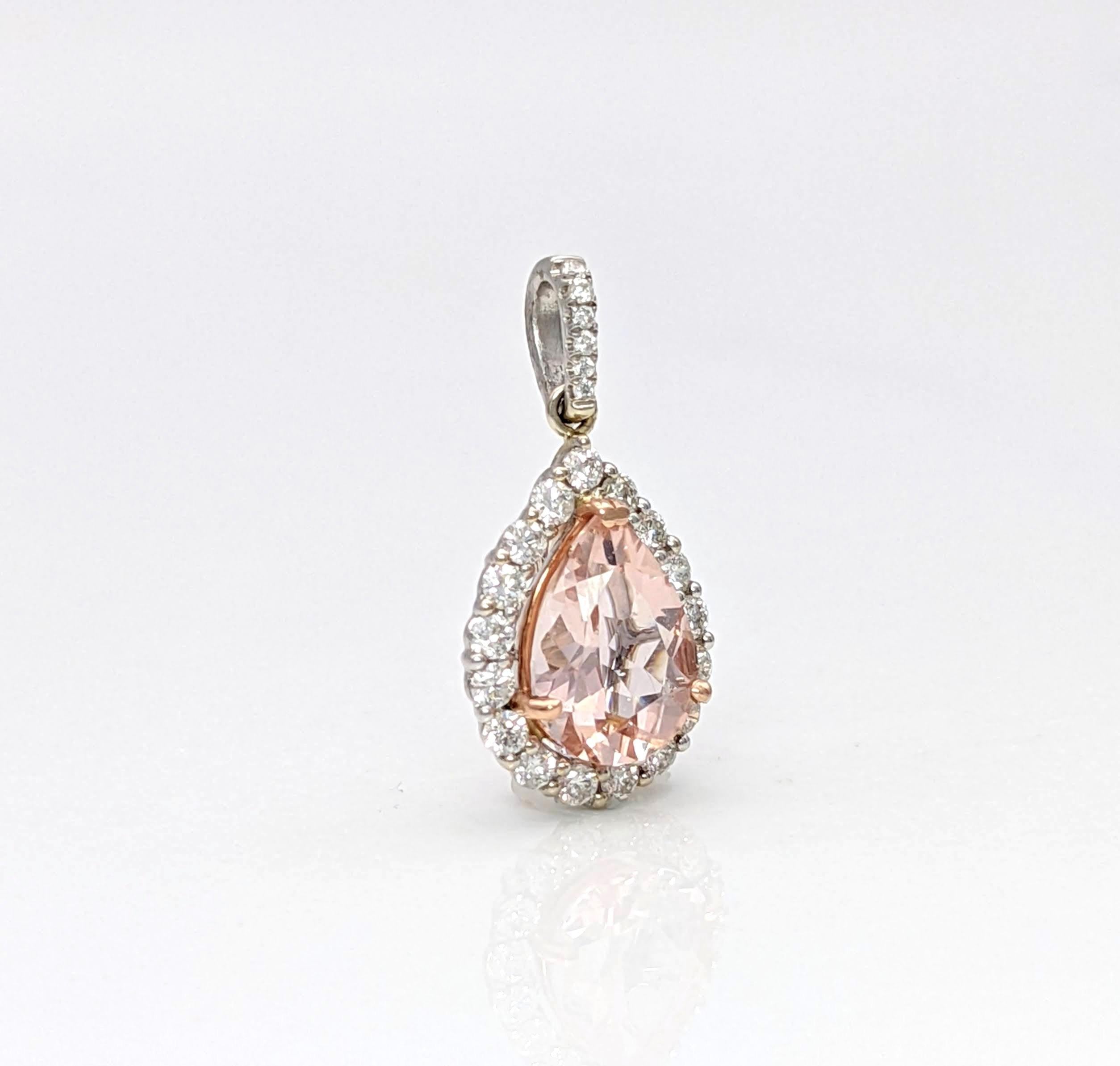 AAA Morganite Pendant w Earth Mined Diamondin Solid 14K Dual Gold Pear 10x7mm