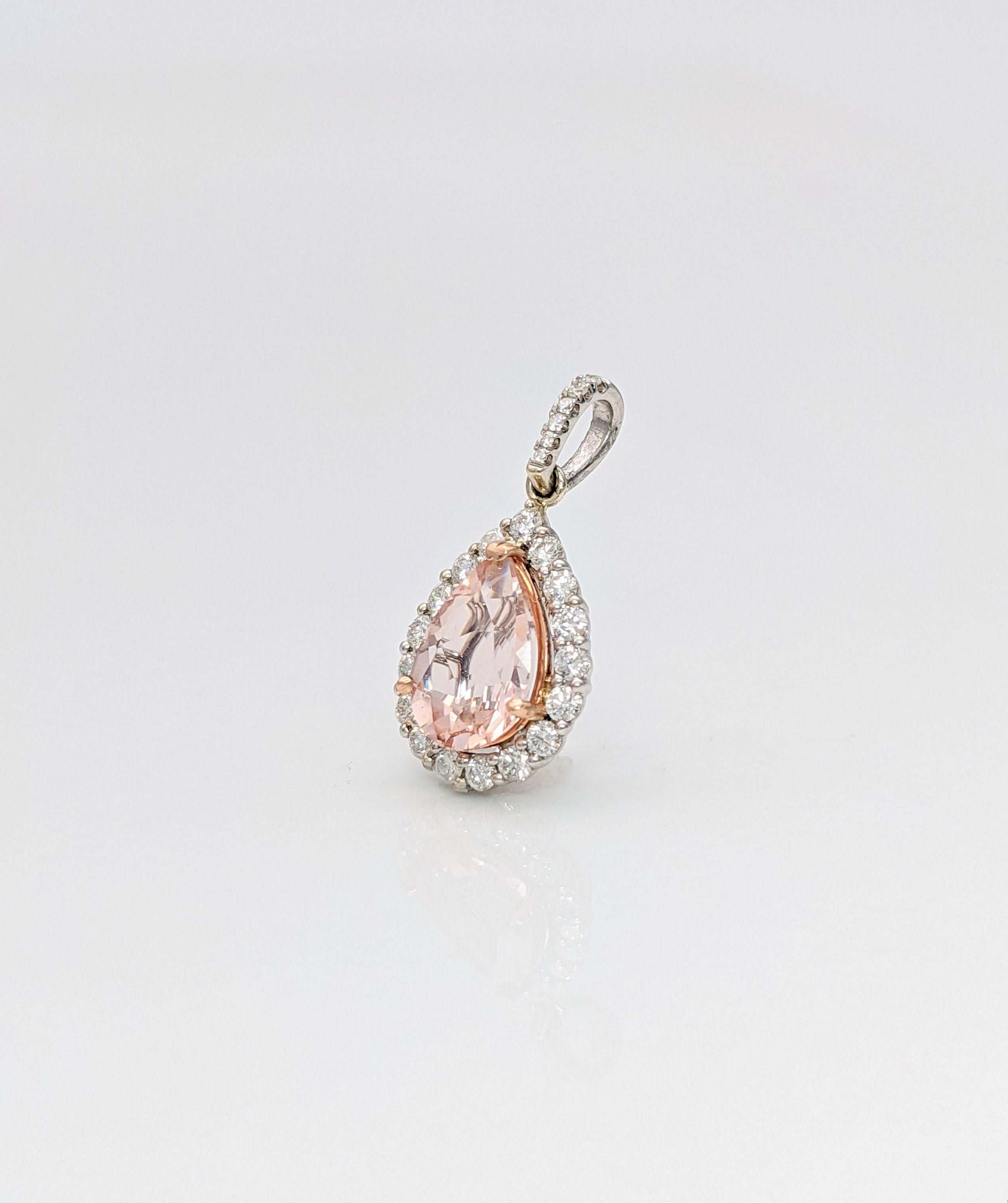 AAA Morganite Pendant w Earth Mined Diamondin Solid 14K Dual Gold Pear 10x7mm
