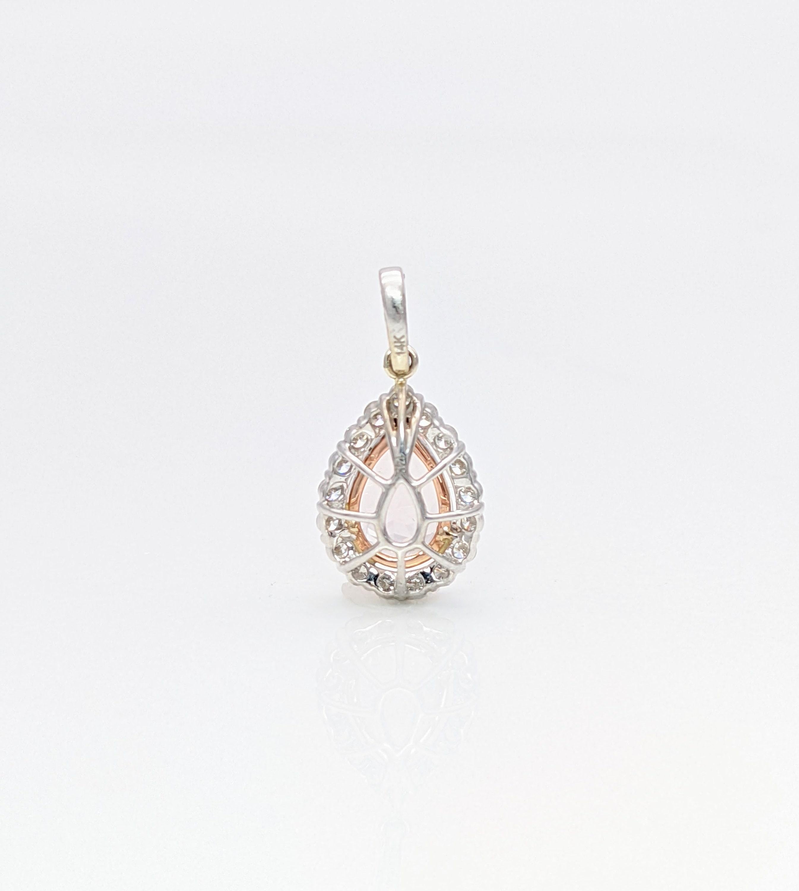 AAA Morganite Pendant w Earth Mined Diamondin Solid 14K Dual Gold Pear 10x7mm