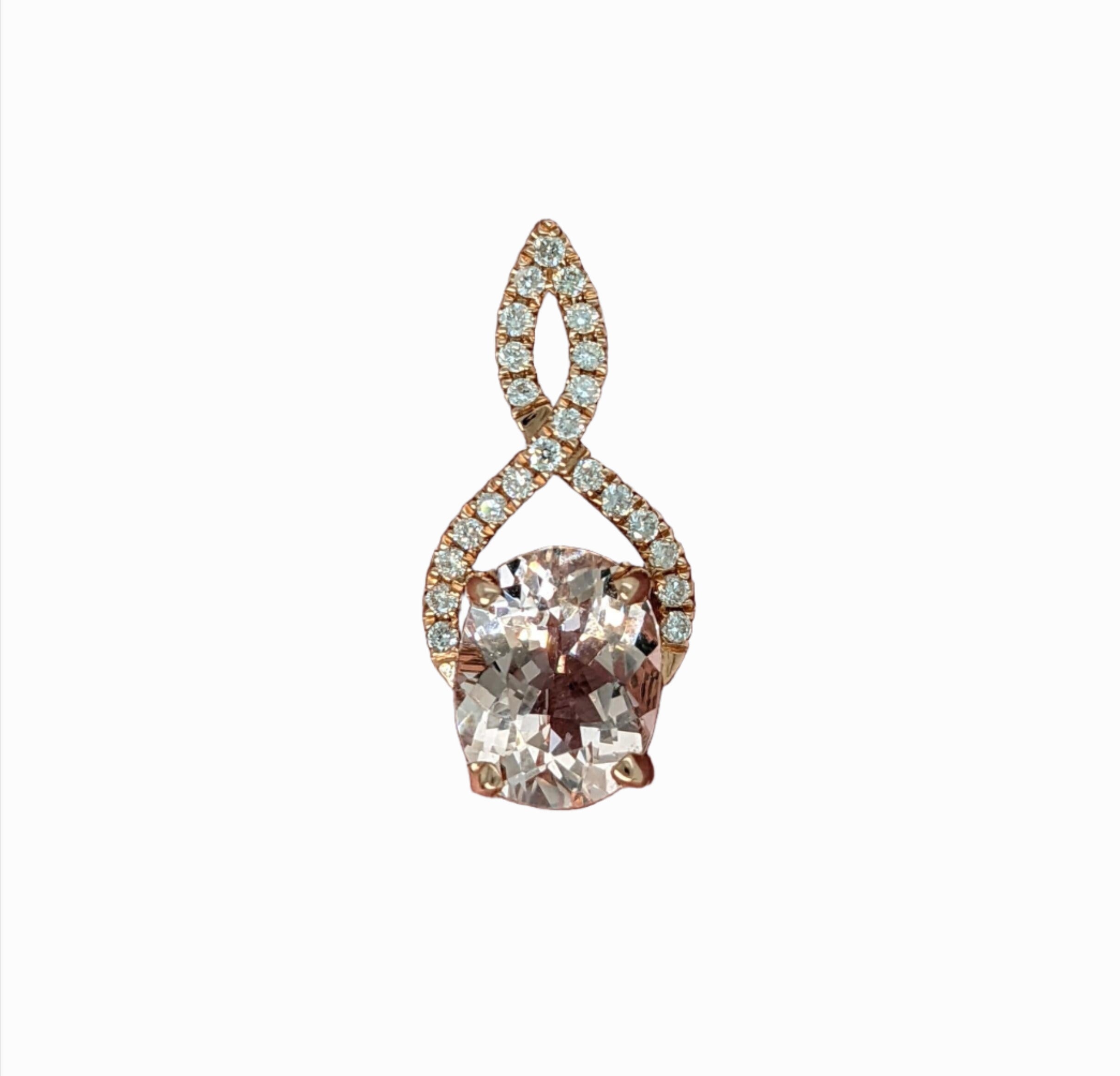 1.7ct Morganite Pendant w Earth Mined Diamonds in Solid 14K Rose Gold Oval 9x7mm