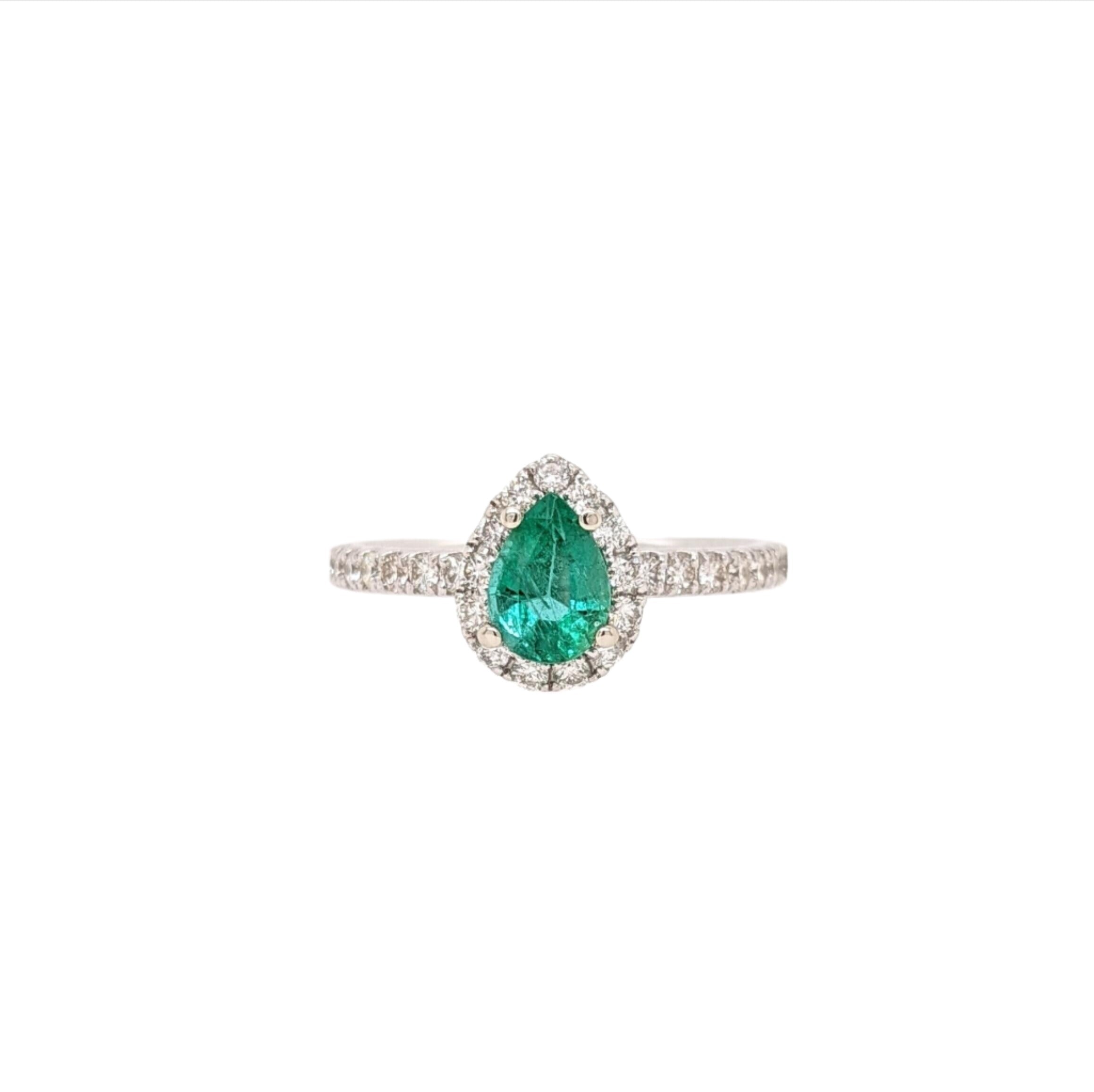 Pretty Emerald Ring w Earth Mined Diamonds in Solid 14K White Gold Pear 7x5mm