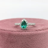 Pretty Emerald Ring w Earth Mined Diamonds in Solid 14K White Gold Pear 7x5mm