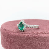 Pretty Emerald Ring w Earth Mined Diamonds in Solid 14K White Gold Pear 7x5mm