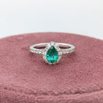 Pretty Emerald Ring w Earth Mined Diamonds in Solid 14K White Gold Pear 7x5mm