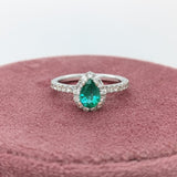 Pretty Emerald Ring w Earth Mined Diamonds in Solid 14K White Gold Pear 7x5mm