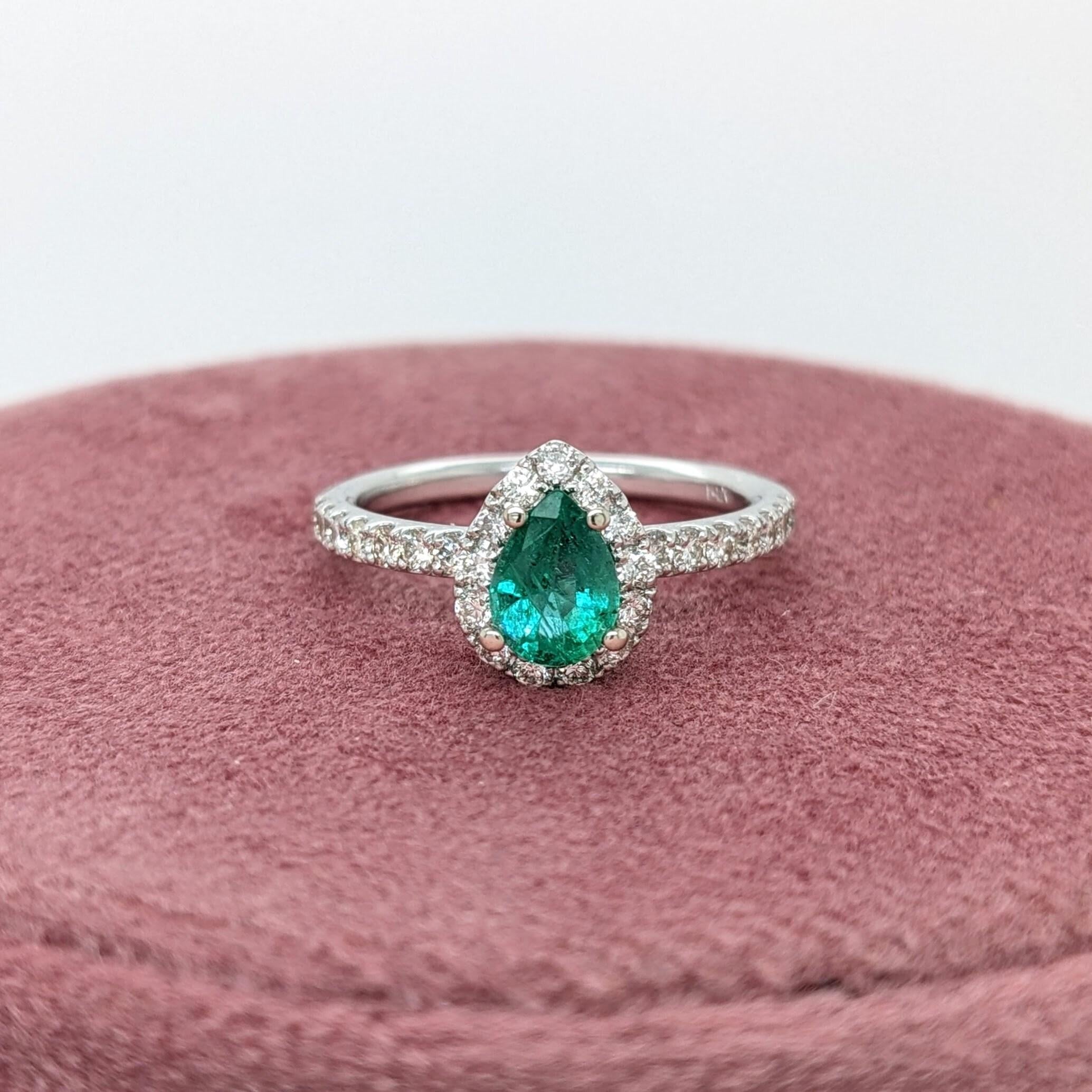 Pretty Emerald Ring w Earth Mined Diamonds in Solid 14K White Gold Pear 7x5mm