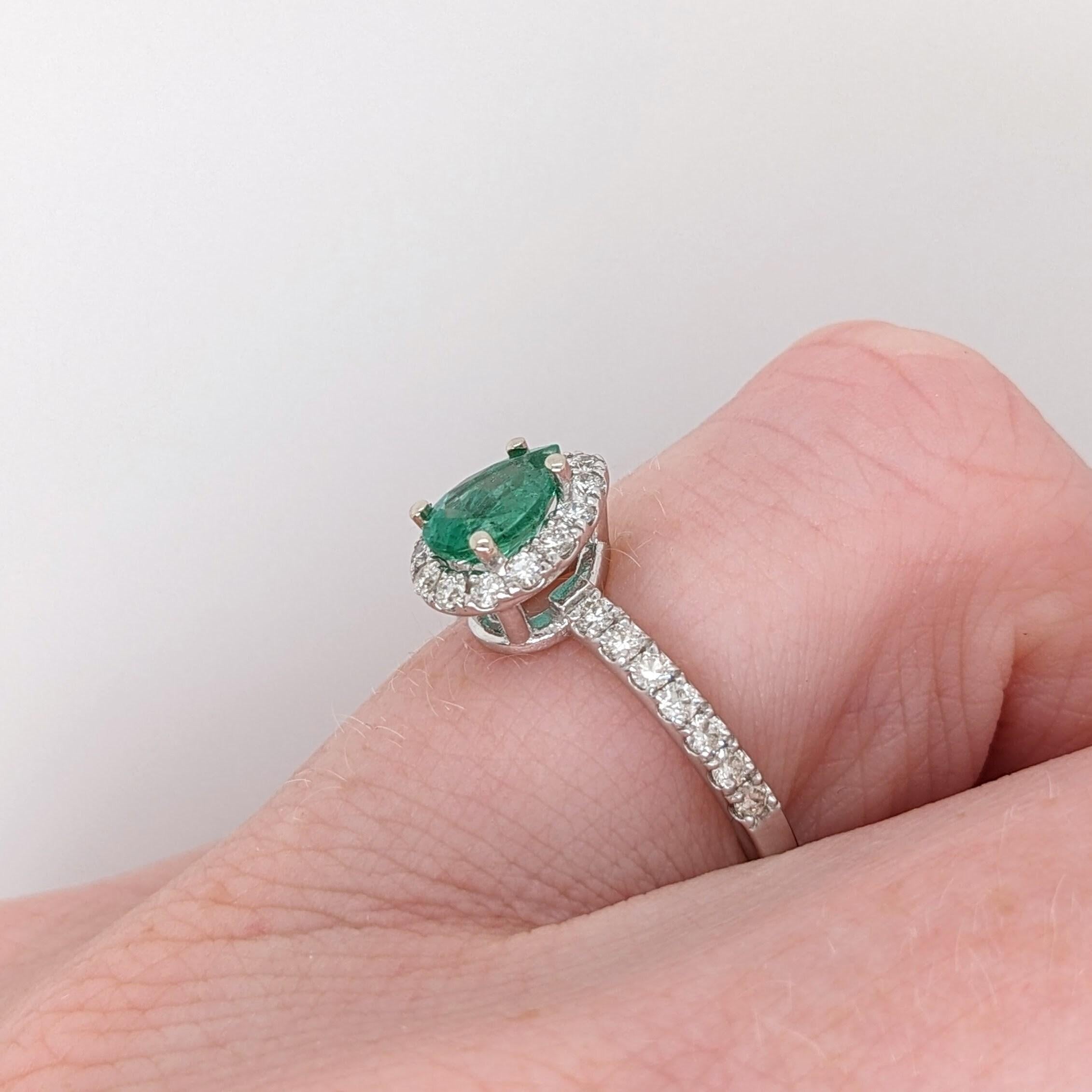 Pretty Emerald Ring w Earth Mined Diamonds in Solid 14K White Gold Pear 7x5mm