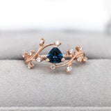 London Blue Topaz Ring w Earth Mined Diamonds in Solid 14k Gold Trillion 5mm