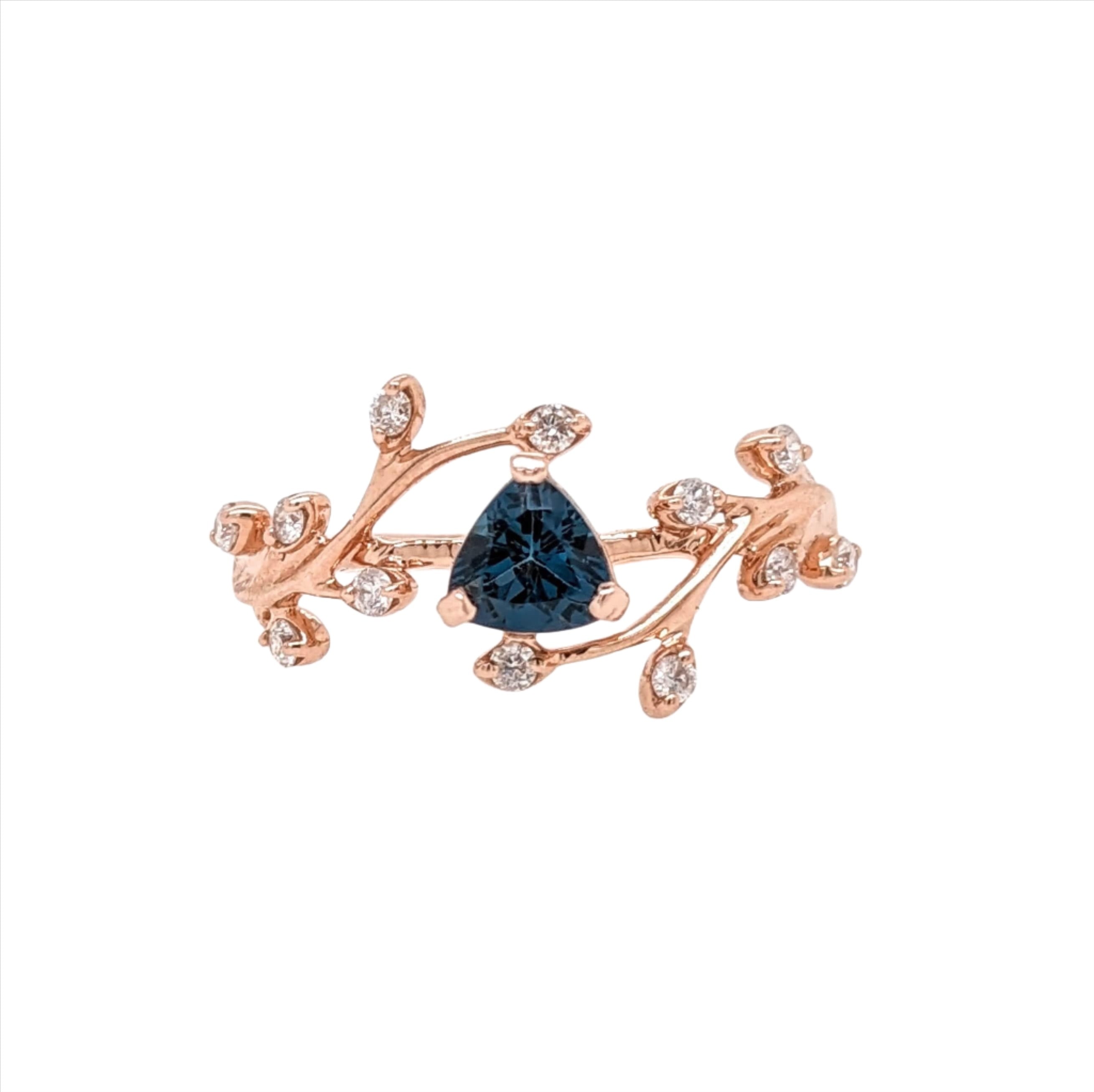 London Blue Topaz Ring w Earth Mined Diamonds in Solid 14k Gold Trillion 5mm